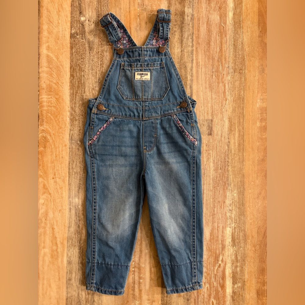 OshKosh B'gosh Blue Denim Overalls with Floral Trim, Size 2T